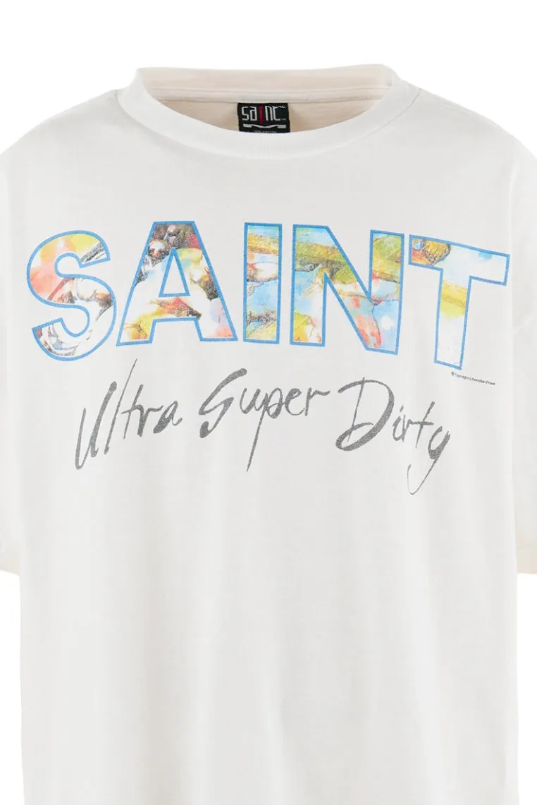 SAINT Mxxxxxx SS TEE/SUPER DIRTY/WHT oil painting SAINT SUPER DIRTY slogan TEE off-white S-XL Made of original OE yarn tube weaving without side seams to distinguish the split fabrics original consistent VINTAGE label/little angel anti-counterfeiting label top printing technology highly restored original details